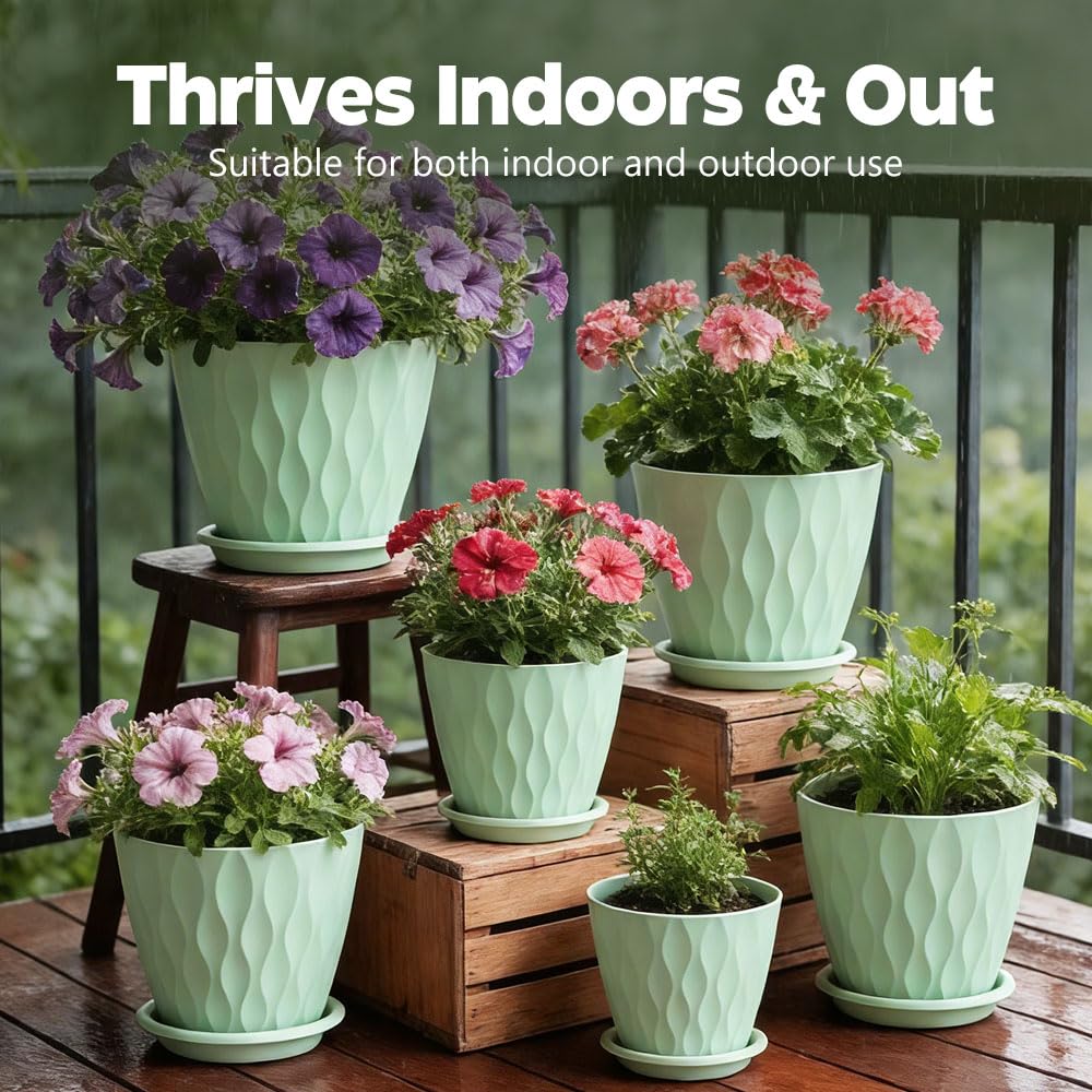 KEETUMOOD Plant Pots, Self Watering Planters with Drainage Holes and Trays, Flower Pots for Indoor Outdoor - 6 Pack(4/5/6/6.5/7/8 Inch) (Light Green)