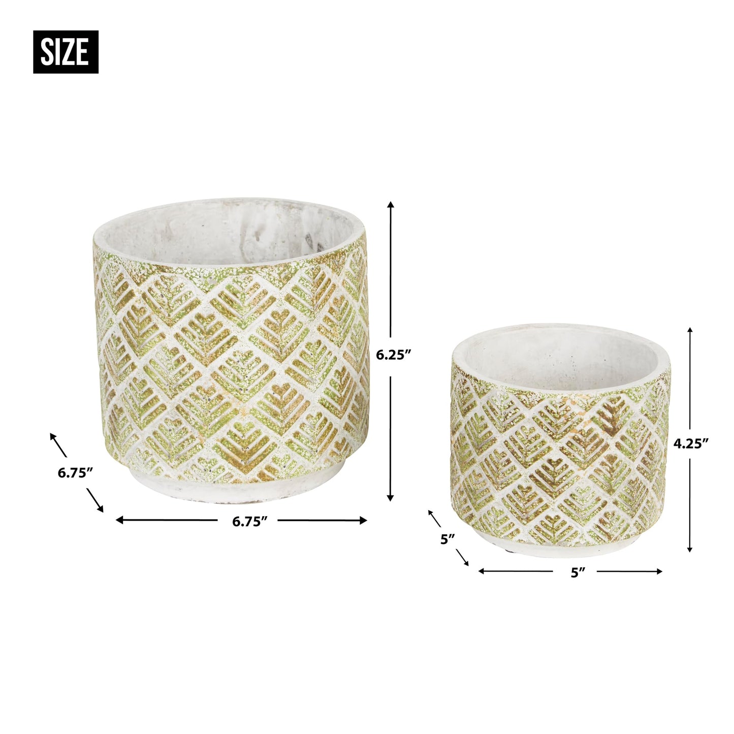 Zingz & Thingz Distressed/Weathered Indoor & Outdoor Secret Garden Cement Planter Flower Pots, Set of 2, 6.75x6.75x6.25, Abstract Gold & White Leaf