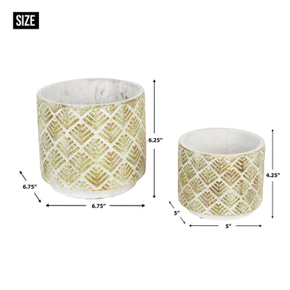 Zingz & Thingz Distressed/Weathered Indoor & Outdoor Secret Garden Cement Planter Flower Pots, Set of 2, 6.75x6.75x6.25, Abstract Gold & White Leaf