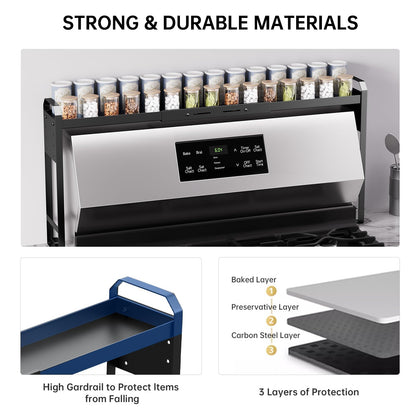 Kitchen Spice Rack Over The Stove, Shelf for Back of Stove, Stove Top Shelf for Seasoning Organizer, Over Oven Shelf, Countertop, Expandable Length 27.3''-32.6'', 4 Adjustable Height (Black, Normal)