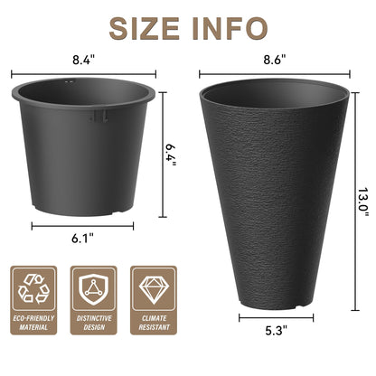 Kante 2 Pack 13 Inch Tall Planters, Modern Minimalist Textured Black Plastic Planter Pots with Drainage Holes, Detachable Inner Pot & Handle, Lightweight Outdoor Indoor Planters for Patio Garden