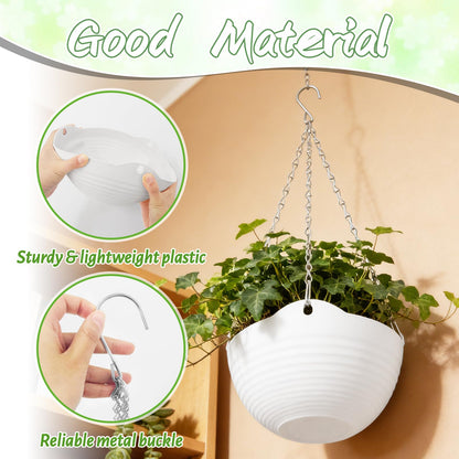 Bvrbaory 8 Pack Hanging Planter Pots,Self-Watering Flower Pot with Water Tray & Metal Chain,White Plastic Hanging Plant Pots for Indoor Outdoor Garden Decor,8 Inch