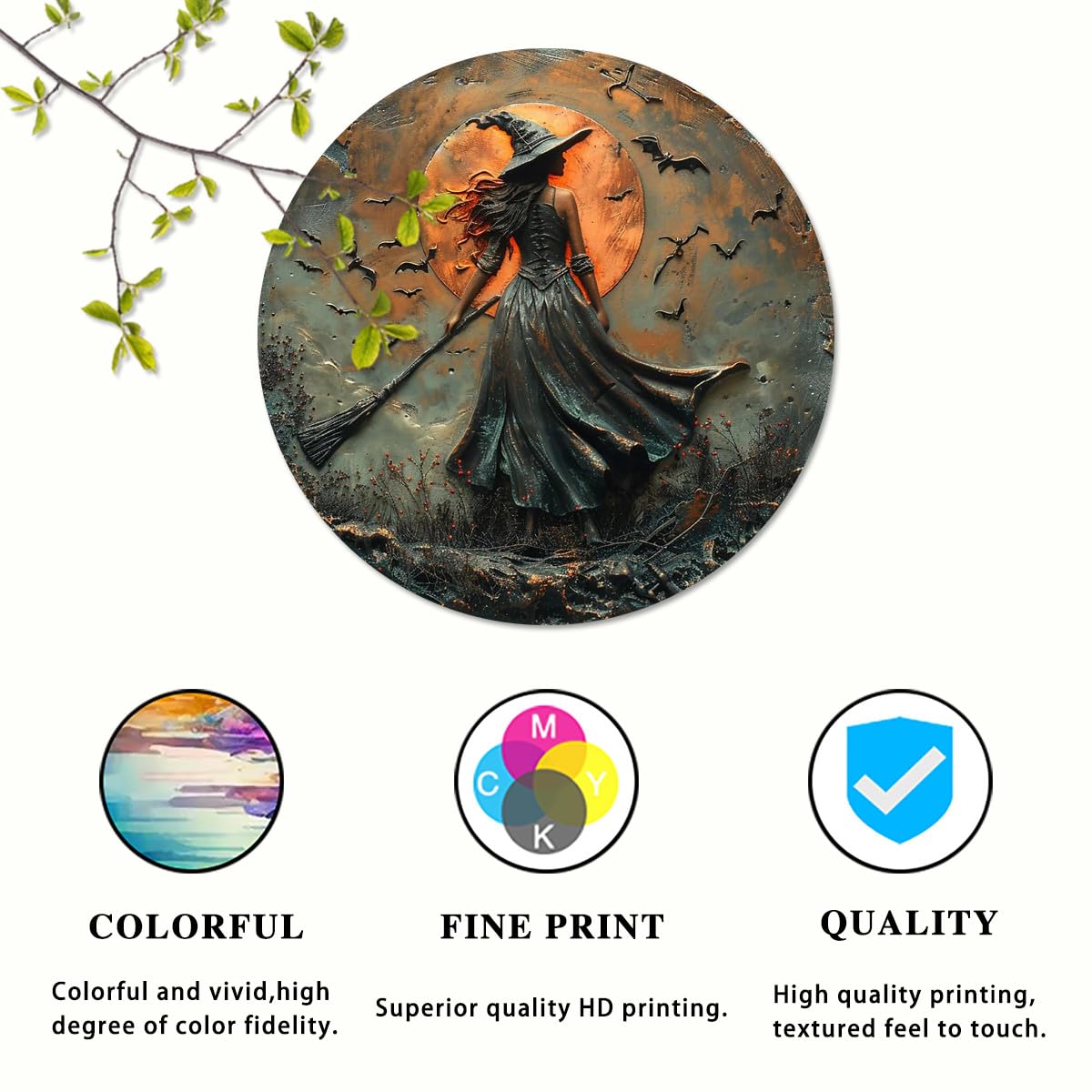 Classic Witch on Broomstick Round Aluminum Sign Halloween Autumn Wall Hanging Decorative Signs & Plaques 8x8 Inch Rustic Style Wall Decor for Halloween, Autumn, Living Room, Bedroom