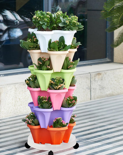 MTICYL Vertical Planter 5 Tiered,Stackable Planters for Strawberry Herb Flower and Vegetable Stacking Garden Tower Gardening Pots with Removable Wheels and Bottom Indoor Outdoor