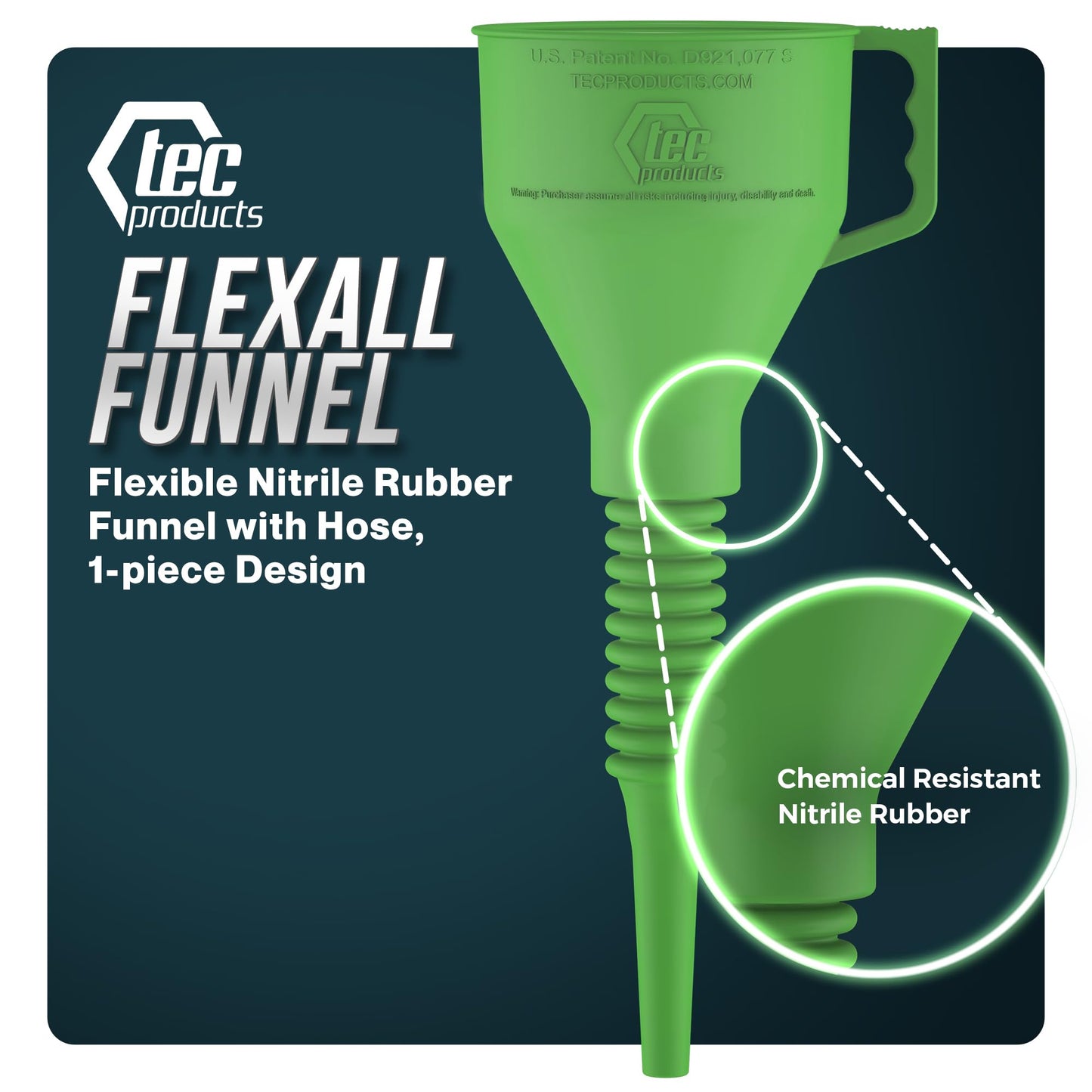 TEC Products FlexAll Long Flexible Funnels - Automotive Oil Funnel with Hose, Durable Nitrile Rubber for Oil Change, Transmission Funnel Fluid, Diesel, Fuel, Gas - Made in USA - Green (16 x 5 Inches)