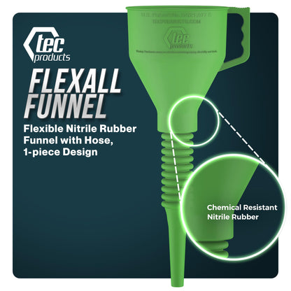 TEC Products FlexAll Long Flexible Funnels - Automotive Oil Funnel with Hose, Durable Nitrile Rubber for Oil Change, Transmission Funnel Fluid, Diesel, Fuel, Gas - Made in USA - Green (16 x 5 Inches)