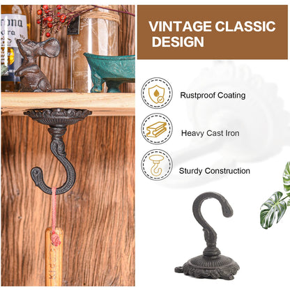 Sungmor Heavy Duty Cast Iron Ceiling Hooks - 2PC Black, 3.5x3.9Inch Decorative Plant Hangers, Indoor Outdoor Swag Hooks for Hanging Plants, Planters, Wind Chimes, Lanterns