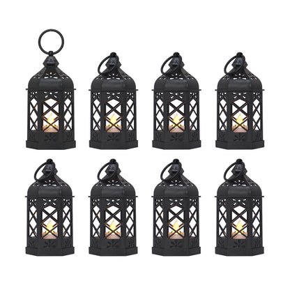 LLQ (8Pack-5Inch) Mini Lantern with Flickering LED Candle for Table Centerpiece, Black Halloween Decorations, Small Hanging Decorative Lantern for Wedding Christmas, Fall Garden Party Decor for Home