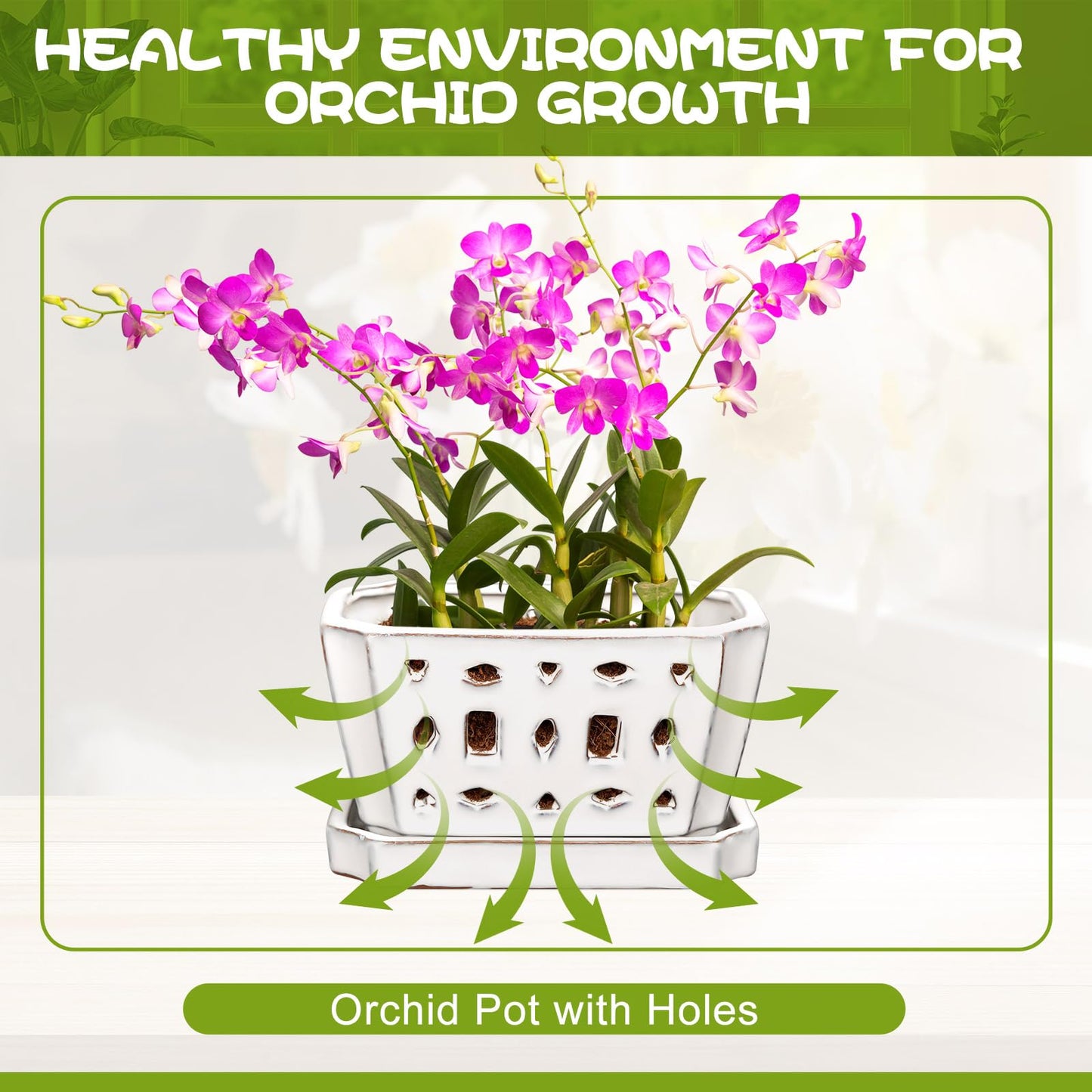 Teenyyou 1 Set Orchid Pot with Holes 7 Inch Ceramic Orchid Pot with Saucers for Repotting Amaryllis Flower Planter Include Gardening Shovel Set and Gloves for Home Decor(White)