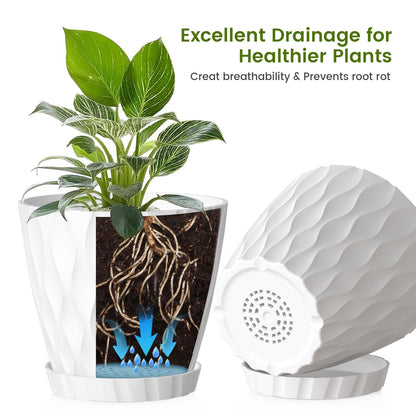 UOUZ 8 Inch Plant Pots, 2 Pack Plastic Planters for Indoor Outdoor with Drainage Holes & Saucers, Waffle Texture Flower Pots for Indoor Plants, Indoor Plant Pots for Monstera, Fiddle Leaf Fig, White