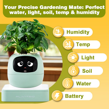 Smart Plant Pot with Visual Display – Soil Moisture, Water Level, Light & Battery Monitor, 80ml Self-Watering Reservoir, Supports 100+ Plants, Pomodoro Timer, Clock & Calendar-Green