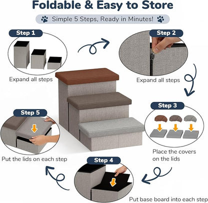 3-Step Wide Dog Stairs 18" H with 3 Colors Covers, Non-Slip Storage Pet Steps for High Bed Couch, Pet Stairs for Small/Medium/Large Old Dogs Puppy Up to 200lbs, Cat Dog Steps for Car, Grey