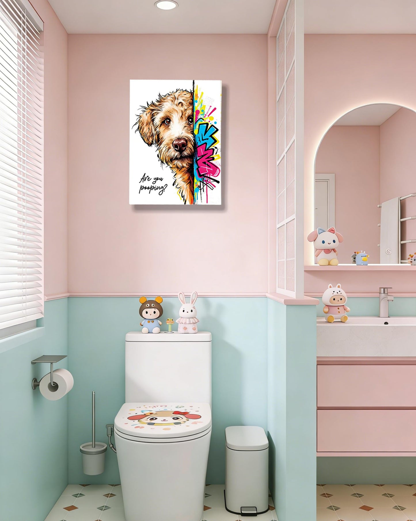 12x16“ Funny Goldendoodle Dog Bathroom Wall Art, Are You Pooping? Graffiti Pet Canvas Print, Humorous Restroom Poster Decor for Bathroom Toilet, Modern Pop Art Dog Lover Picture (Framed)