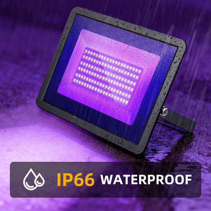 4 Pack 100W LED Black Lights, Blacklight Flood Light with Plug and Switch, IP66 Waterproof Blacklight for Halloween Party, Glow in The Dark, Stage Light, Body Paint, Neon Glow