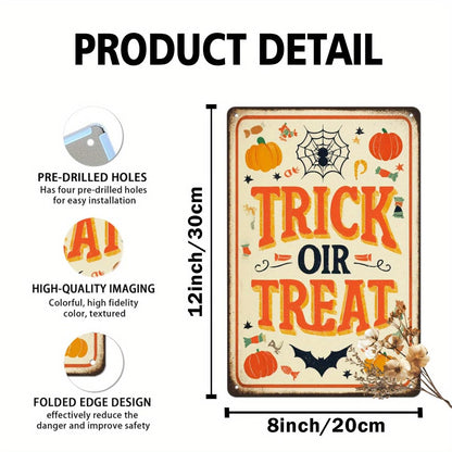 Trick or Treat Halloween Pumpkin Spider Web Candy Retro Metal Tin Sign Wall Art Decor for Front Door Home Halloween Party Indoor Outdoor 8x12 Inch