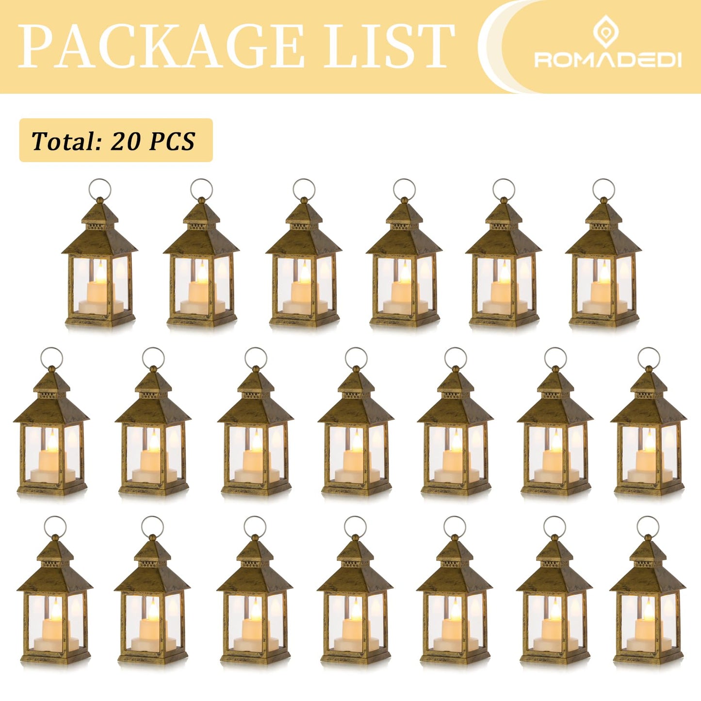Romadedi Mini Lanterns Decorative for Wedding Centerpiece - 20 PCS Hanging Small Gold Lantern Bulk with Flickering LED Candles for Halloween Decorations Christmas Table Decor, Batteries Included