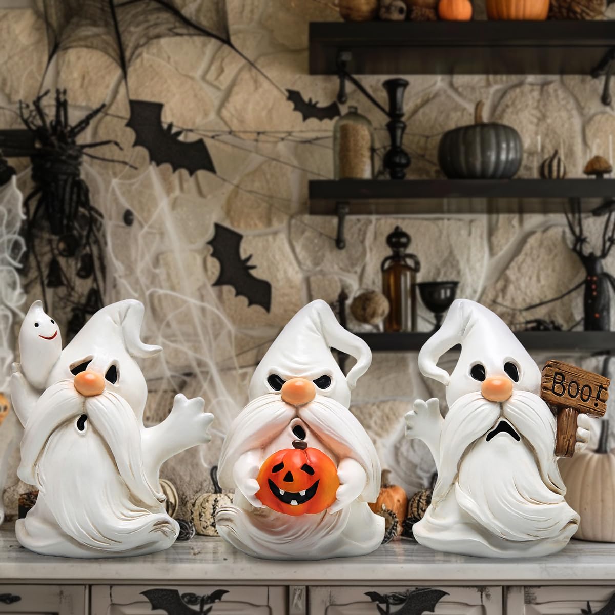 Hodao Halloween Ghost Gnome Figurines - Cute Spooky with Pumpkin & Boo Sign, 3PCS Indoor Outdoor Decor for Home, Party, Tiered Trays, Windowsills & Gifts