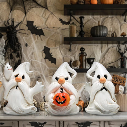 Hodao Halloween Ghost Gnome Figurines - Cute Spooky with Pumpkin & Boo Sign, 3PCS Indoor Outdoor Decor for Home, Party, Tiered Trays, Windowsills & Gifts
