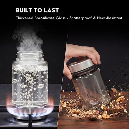 Shatterproof Glass Salt and Pepper Shakers Set Leak & Moisture Proof - 4 Adjustable Holes Precision Control - 5oz Borosilicate Glass Sugar & Spice Jars with Stainless Lid, Wide-Mouth, Dishwasher Safe