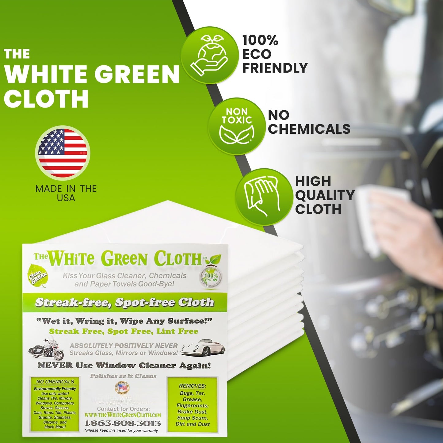 The White Green Cloth 4-Pack Reusable Cleaning Cloths for Streak-Free Windows, Mirrors & All-Purpose Use – Chemical-Free, Absorbent, Non-Abrasive, 16" x 16" White Cleaning Rags, Made in The USA