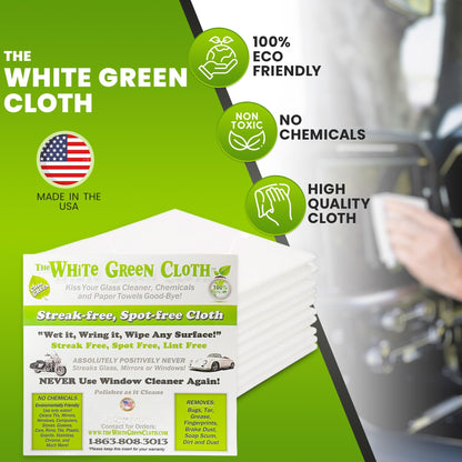 The White Green Cloth 4-Pack Reusable Cleaning Cloths for Streak-Free Windows, Mirrors & All-Purpose Use – Chemical-Free, Absorbent, Non-Abrasive, 16" x 16" White Cleaning Rags, Made in The USA