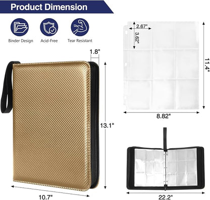 MAXECHO 9 Pocket Trading Card Binder, 1008 Pockets in 56 Removable Double-Sided Sleeves, PU Zip Card Collection Storage Organizer Album for Baseball, MTG, TCG, Sports. Gold