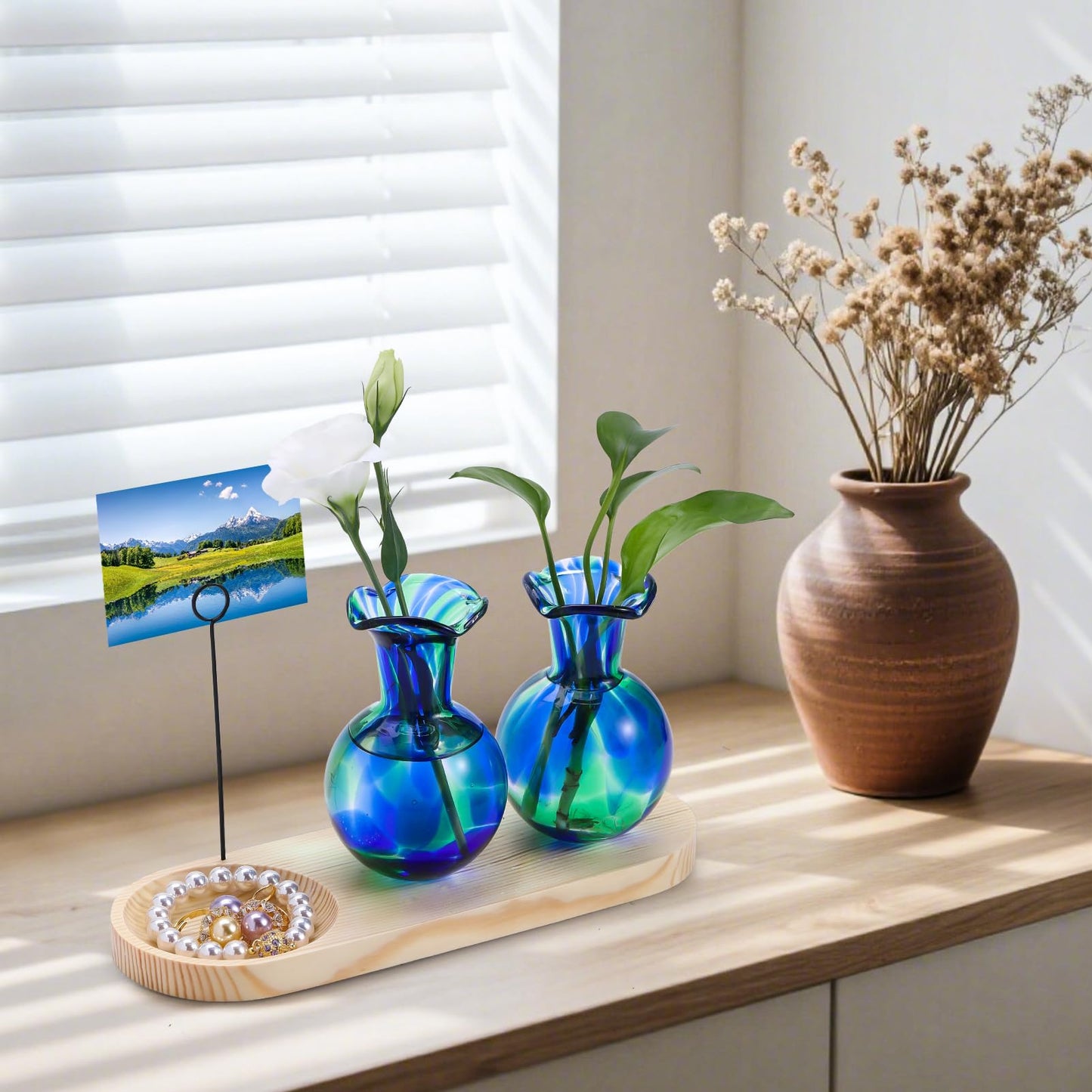 Pozfun Hand Blown Glass Plant Propagation Stations Plant Terrarium Wooden Stand for Hydroponic Plants Combine Jewelry Tray and Photo Holder Office Home Garden Decor - 2 Bulb Glass Vases