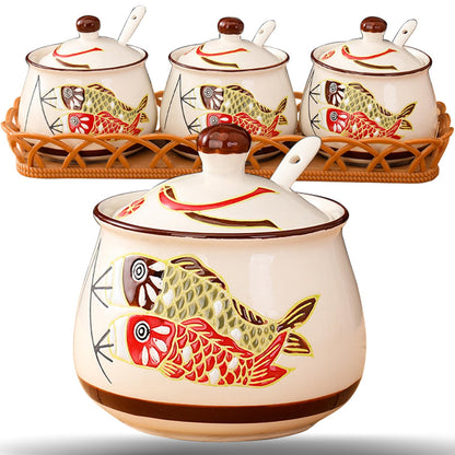 Orkim Kitchen Ceramic Condiment Jars with Lids and Spoons, 3 Piece Porcelain Seasoning Jar Set for Salt Spice Pepper Suger Bowl, Coffee Tea Container Pot with Serving Tray - Japanese Koinobori