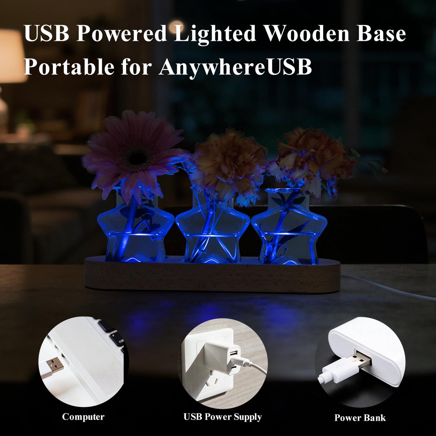 XXXFLOWER Plant Propagation Station with LED Light, Wooden Base Glass Terrarium & Lighted Vase, Hydroponic Planter Terrarium for Home Desk Decor, Ideal Gifts for Gardeners & Plant Lovers(3 Star Vases)