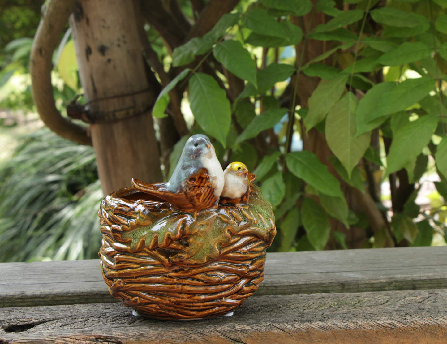 Rmdusk Handmade Ceramic Bird Nest Succulent Planter/Plant Pot Flower Pot Bonsai Home Garden Décor Birds Figurine 5" H