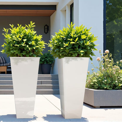 Worth 2 Pack 28" Tall Large Metal Planter, Tapered Steel Flower Pots with Insert Plate with Drain Holes & Air Vents for Indoor or Outdoor Use, White