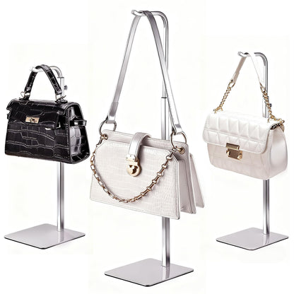 Josmimic 3 pcs Purse Holder Handbag Display Stand: Silver Hanger Rack for Bags, Purses, and Wreath, Adjustable Hook Stand for Tabletop, Closet, and Retail Use for Vendors