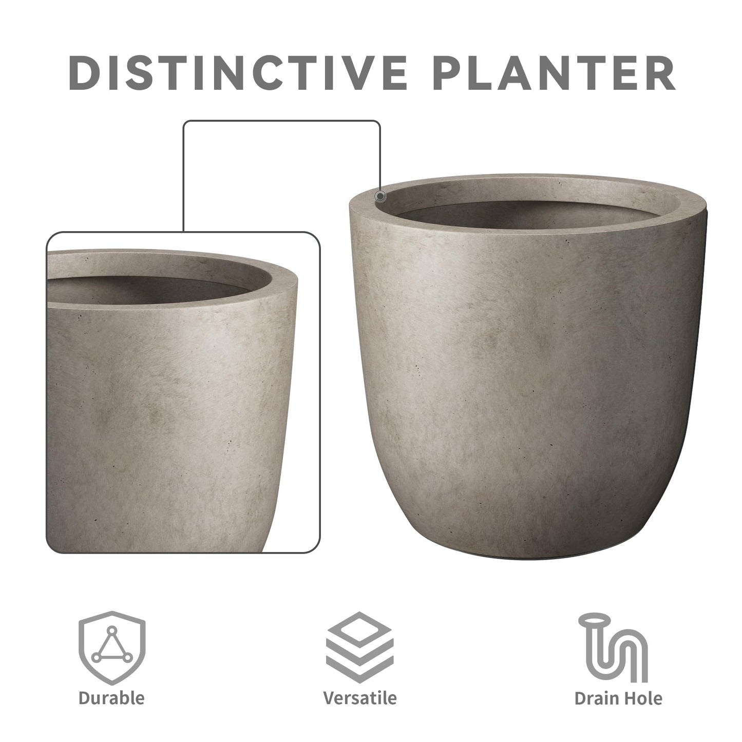 Kante 13.4" Dia Round Concrete Planter, Large Outdoor Modern Indoor Decorative Plant Pots with Drainage Hole and Rubber Plug for Home and Garden, Weathered Concrete