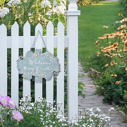 All Chic Welcome to My Garden Sign Hanging Yard Sign for Garden Decor Rustic Farmhouse Backyard Outdoor Wall Decor(Blue)