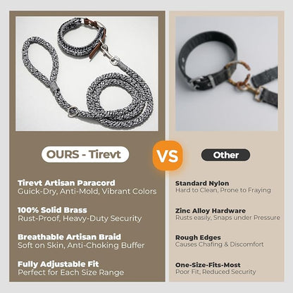Tirevt Hand-Woven Dog Collar and Leash Set:Color-Block Design, Premium Reinforced Buckle, Adjustable Artisan Paracord for Puppies, Small, Medium & Large Dogs (Black, L)