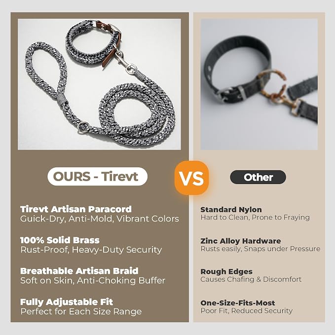 Tirevt Hand-Woven Dog Collar and Leash Set:Color-Block Design, Premium Reinforced Buckle, Adjustable Artisan Paracord for Puppies, Small, Medium & Large Dogs (Black, M+)