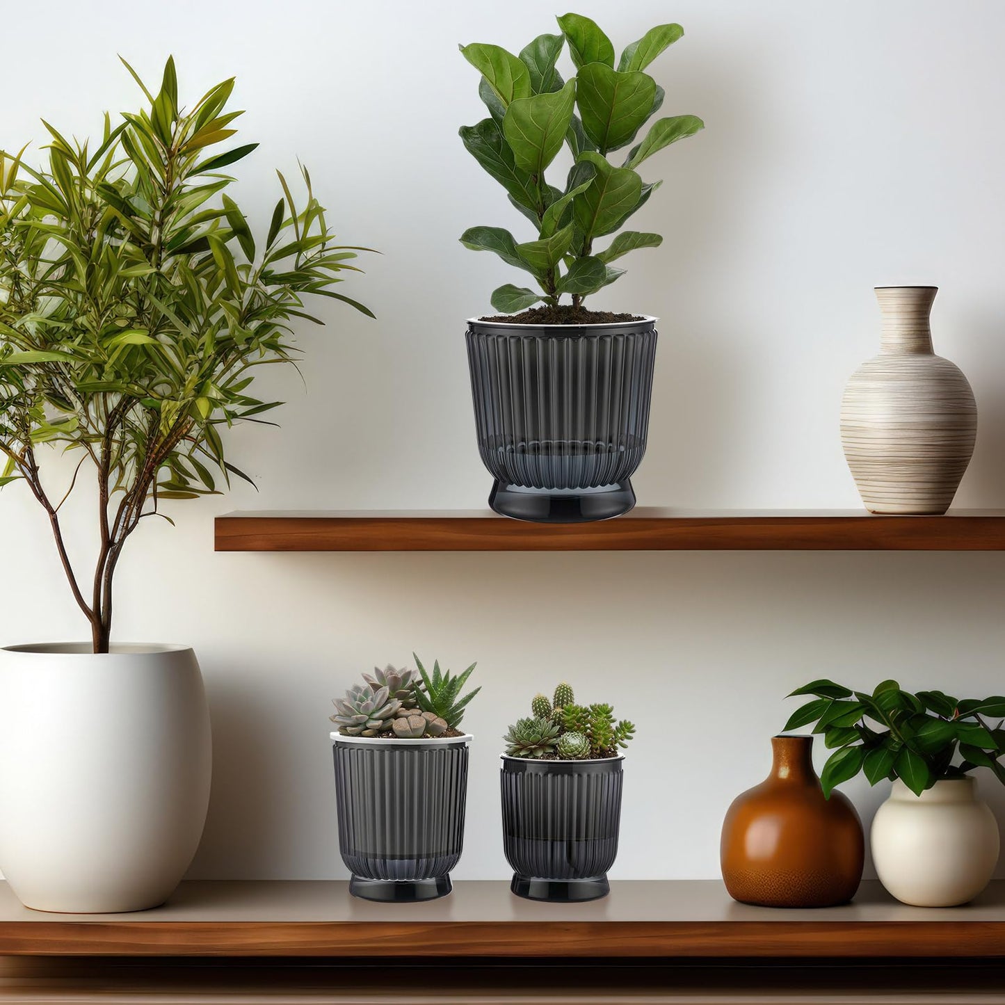 Ferrochef Set of 6 Self Watering Plant Pot 3 Sizes Plastic Double Layer Self Watering Flower Pot with Multi Mesh Drainage Holes Wicking Reservoir for Indoor Outdoor Garden Plants(Black)