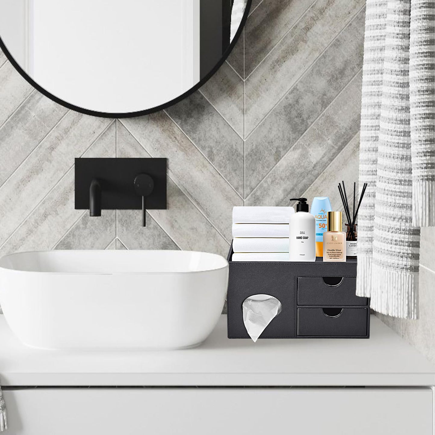 RHCSZ Square Tissue Box Cover with Drawers,Tissue Box Holder with Storage Tray, Makeup Organizer and Desk Organizer,Tissue Holders Decorative for Bathroom Vanity NightStand Dressing Table (Black)