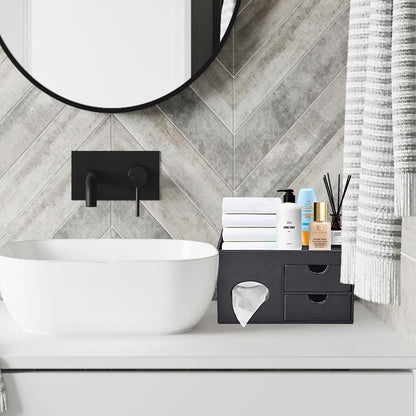 RHCSZ Square Tissue Box Cover with Drawers,Tissue Box Holder with Storage Tray, Makeup Organizer and Desk Organizer,Tissue Holders Decorative for Bathroom Vanity NightStand Dressing Table (Black)