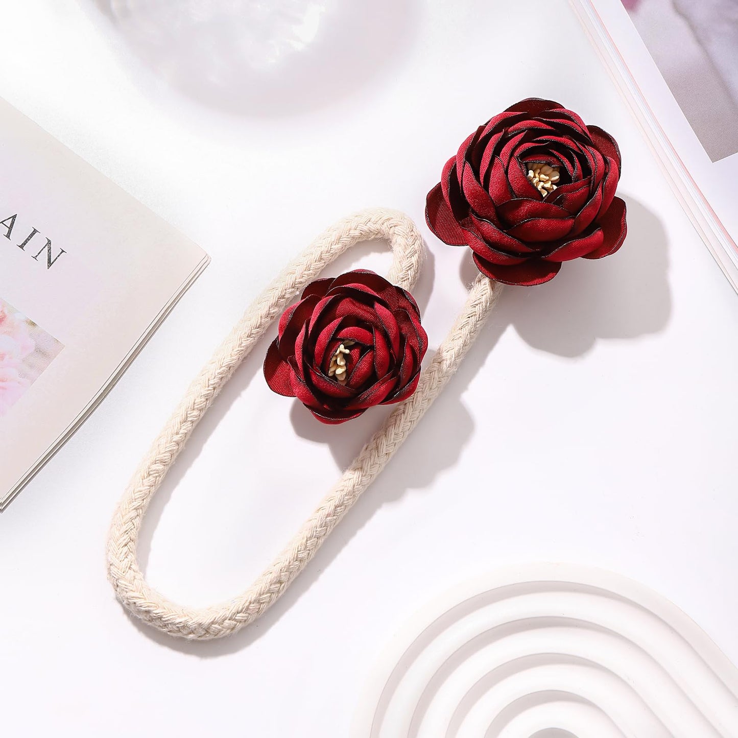SUQ I OME 2 Pieces Handmade Artificial Christmas Red Flower Curtain Holdbacks,Curtain Tiebacks Clips Creative Window Drape Twist Tie Backs for Christmas Decorative Draperies Holdbacks (Wine Red)