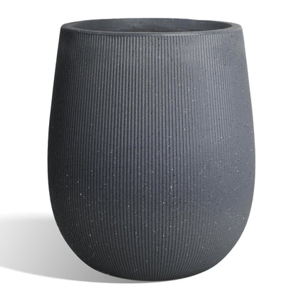 Worth Garden Large Dark Gray Round Planter, 12.5" x 18.5" Lightweight Magnesium Oxide Cement Plant Pot with a Striped Textured Finish, Raised Pattern Concrete Look, Drainage Hole, Indoor & Outdoor