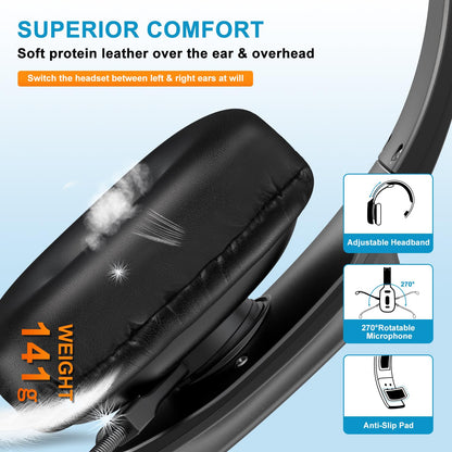 LEAYU Bluetooth Headset, 60hrs Noise Canceling V5.2 Over Head Headphones, Single Ear Trucker Wireless Headset with Mic, Mute Button, Multipoint, for Phones PC Computer Truck Driver Office Work - Black