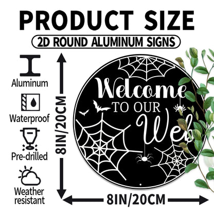 Generic Welcome To Our Web Round Aluminum Sign Halloween Metal Tin Signs Autumn Witch Ghost Pumpkin Wall Decor Sign For Home Kitchen Cafe 8x8 Inch