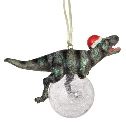 Design Toscano Blitzer the T Rex Dinosaur Christmas Tree Ornament, 5 Inch Long, Cast Stone Resin with Glass Ball, Green Glitter Finish