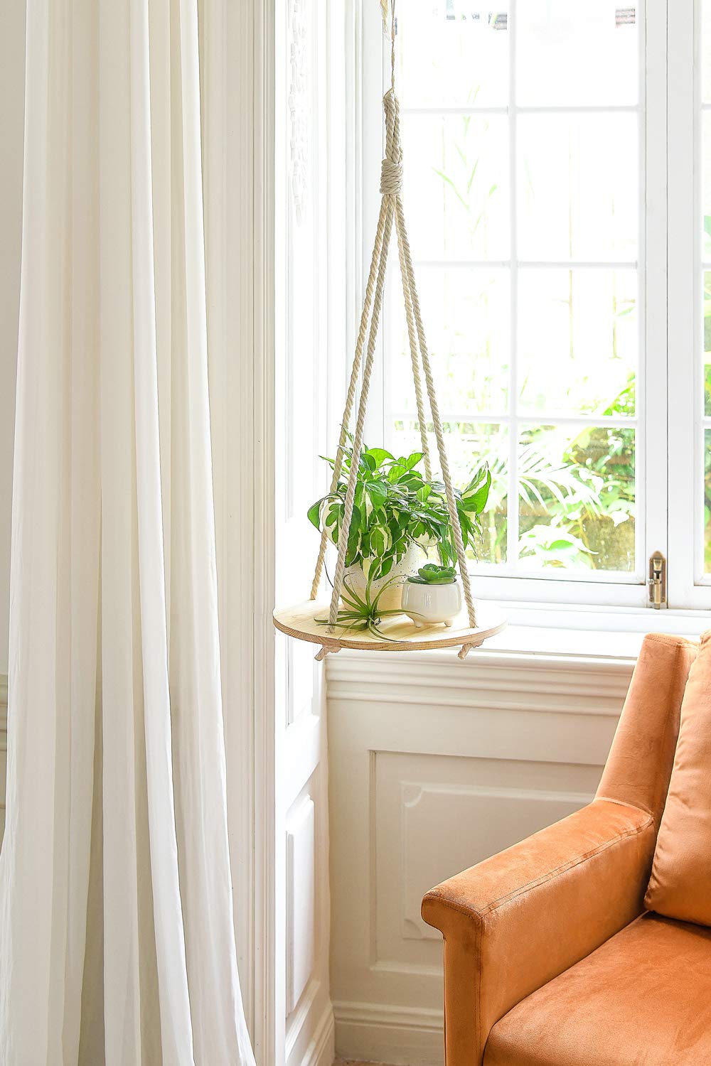 Dahey Hanging Plant Shelf Round Wood Rope Hanging Floating Shelf Boho Home Decor Display Planter Rack for Living Room Bedroom Kitchen Room,Nature