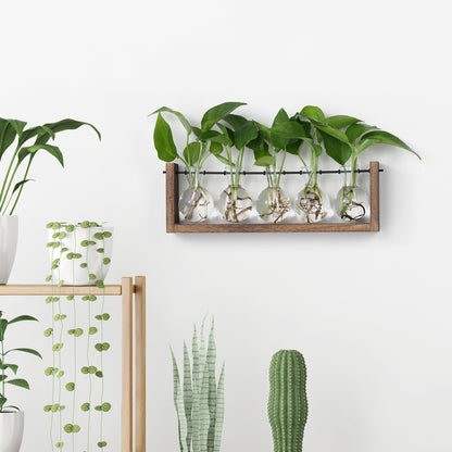 YIBOT Wall Hanging Glass Planter Plant Propagation Vase for Indoor Home Office Living Room Decor Gifts, Plant Terrarium with Wooden Stand-5 Bulb Glass Vases