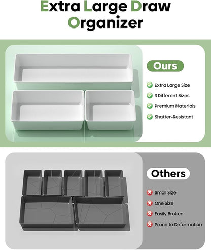 10 Pack Large Size Plastic Drawer Organizers Set, 3 Sizes Desk Drawer Organizer Trays, Storage Bins for Vanity, Makeup, Bathroom, Kitchen Utensils and Office (White)