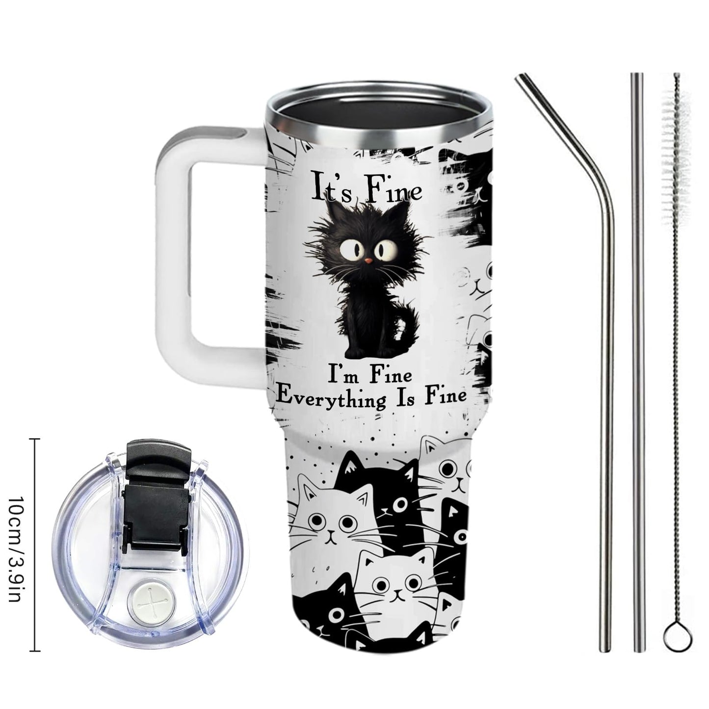 CGMIBAS Cat Lover Gifts, Gift for Cats Lovers Women Men Girls Funny 40oz Black Cats Themed Tumbler Cups with Handle - Everything Is Fine Mug, Christmas Birthday Gift for Black Cat Mom Lady Gifts Cup