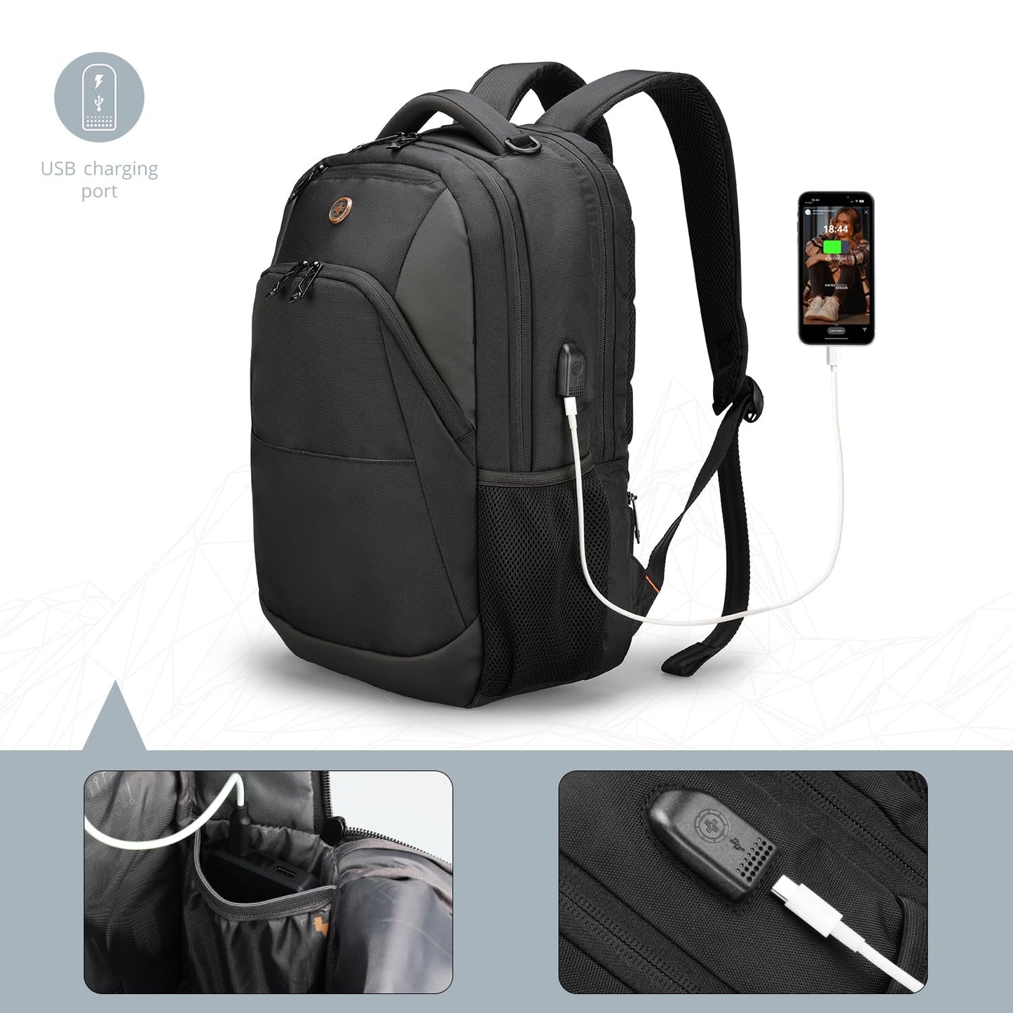 Swissdigital Design Travel Laptop Backpack, College Laptops Backpack with USB Charging Port for Men and Women Fits 16 Inch Notebook, Black | SD1670-01