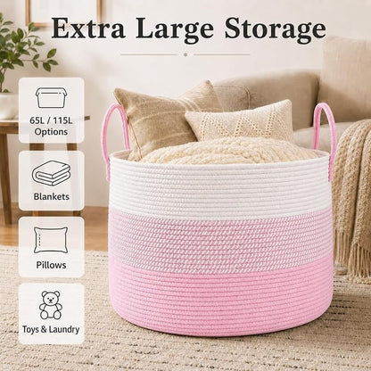 JMvicyroam 115L Extra Large Blanket Basket for Living Room - Woven Cotton Rope Laundry Hamper with Reinforced Handles - Storage Bin for Pillows, Comforters & Toys - Machine Washable,White&Pink Mix